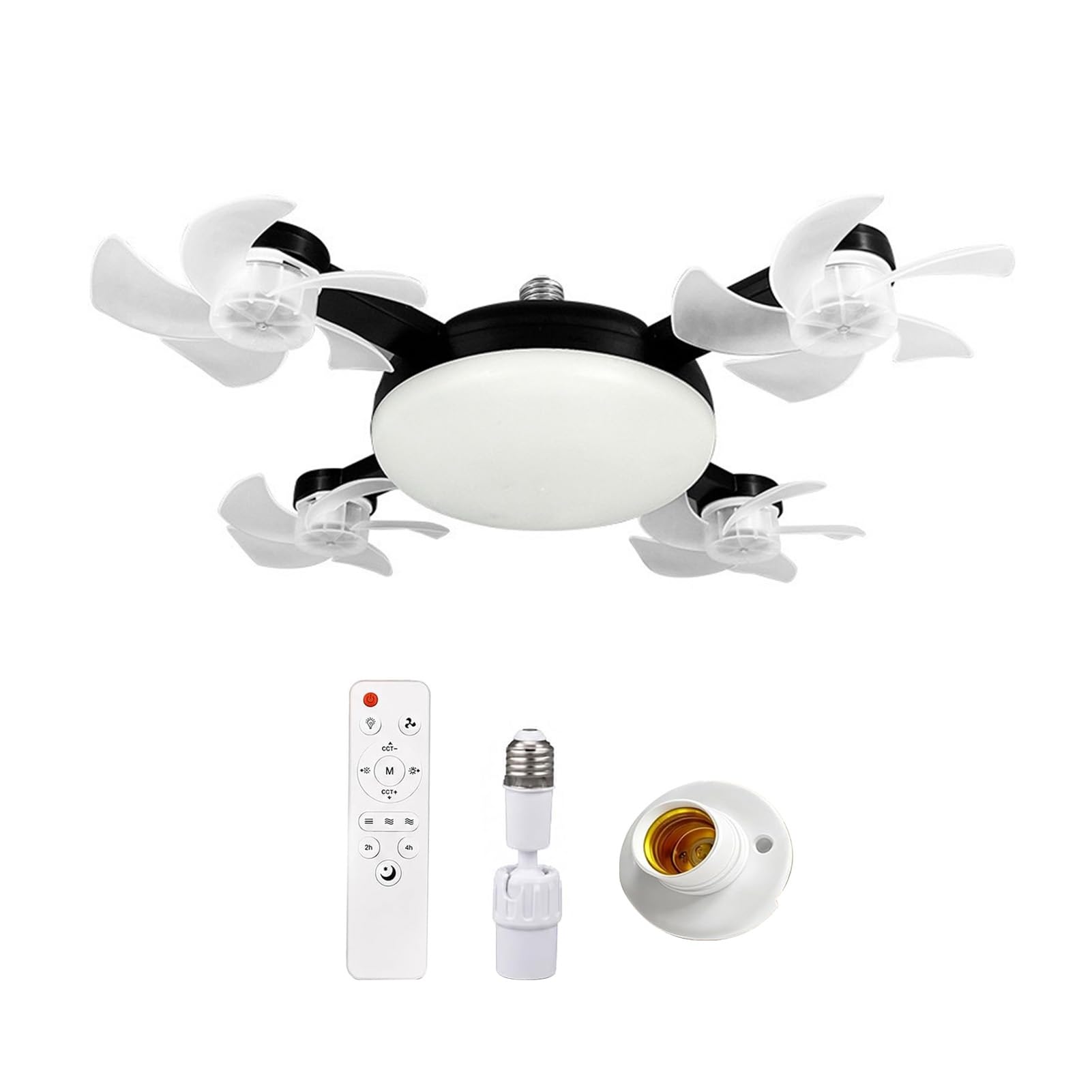 Ceiling Fan with Light and Remote Control, Foldable Blade Silent LED Fan Light, E27 Socket Fitting, 3-Speed Dimmable Lamp for Bedroom Kitchen, 40-60cm Adjustable Black 4pcs D