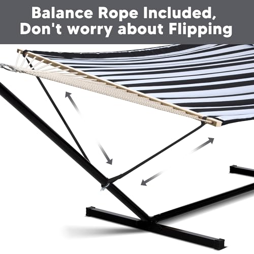 Image of SUNCREAT Two Person Hammock with 12ft Stand Included, Max 475lbs Capacity, Heavy Duty Free Standing Hammock, Black Stripes