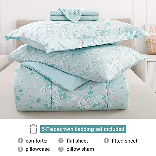 Viviland Twin Butterfly Comforter Set For Girls - Kids Brushed Microfiber Twin Bedding Set - 5 Pieces Machine Washable Bed In A Bag With Soft Comforters, Sheet Set, Shams - Pale Green #TOP6