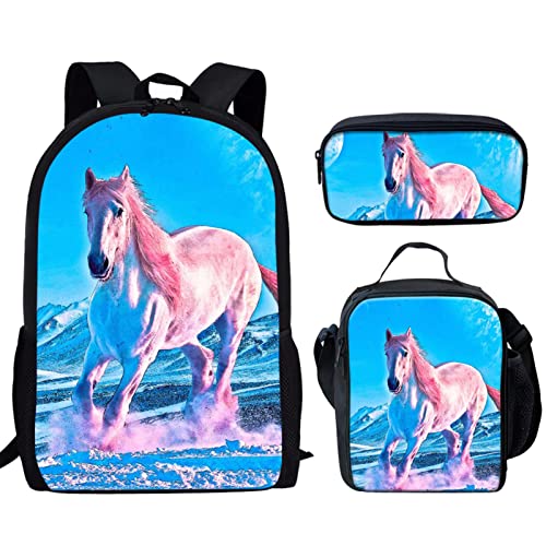 Sac à dos cheval blanc avec boîte déjeuner et trousse 3 pièces