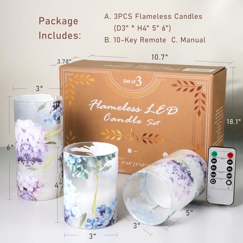 Image of Hydrangea Flameless Candles with Remote Blinks Glass Real Wax LED Candles - Home Party Wedding Romantic Love Theme Summer Holiday Decor - Set of 3