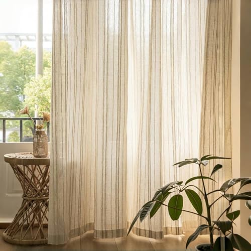 Gxi Natural Linen Sheer Curtain 94 inches Length for Living Room, Rod Pocket Beige Stripe Voile Window Drapes for Bedroom, Dining Room Voile Window Treatment, 2 Panels, 55