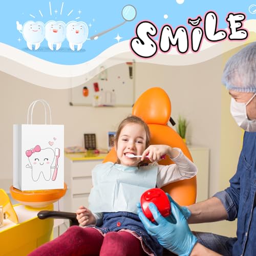 Image of 30 Pcs Dental Goodie Bags with Handles, Paper Tooth Patient Gifts Bags, Tooth Themed Office Giveaway Supplies for Dental Clinics, Hygienist, Assistant, Dentist