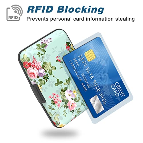 Image of Credit Card Holder, Mini Aluminum Card Wallet RFID Blocking Slim Metal Hard Card Case for Women Men, Green Flowers