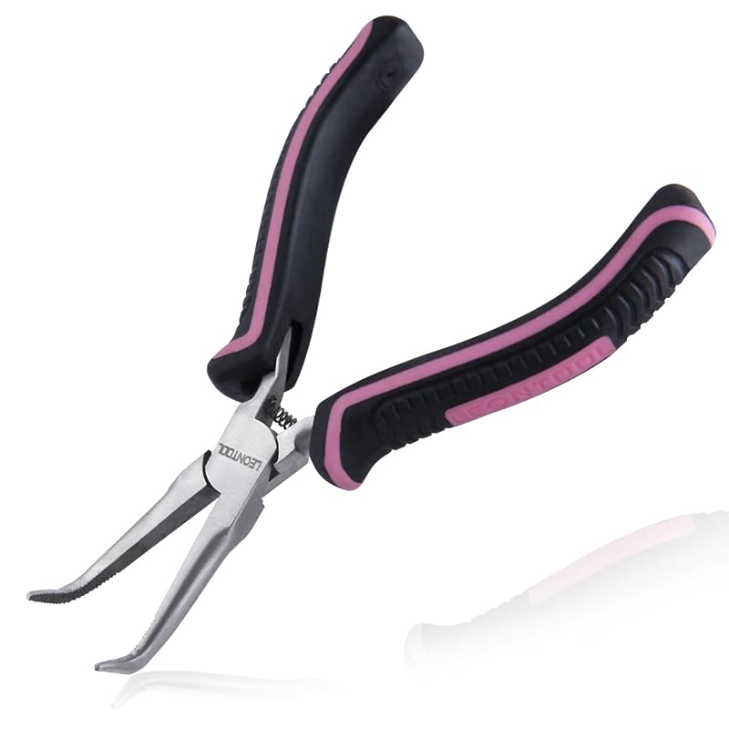 Alicate de Bico Longo Curvo Mini com Mandíbulas Serrilhadas, Cabo TPR Preto e Rosa LEONTOOL