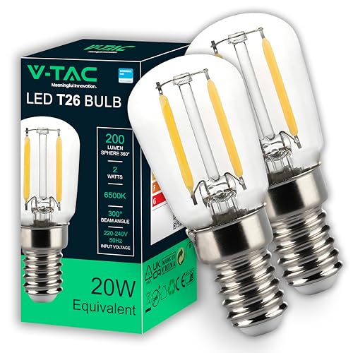 V-TAC 2x Lampadina LED Filamento T26 per Frigorifero e Lampade - Attacco E14-2W - 200 Lumen - Lampadine LED Piccole per Massima Efficienza e Risparmio Energetico - Luce 3000K Bianca Calda