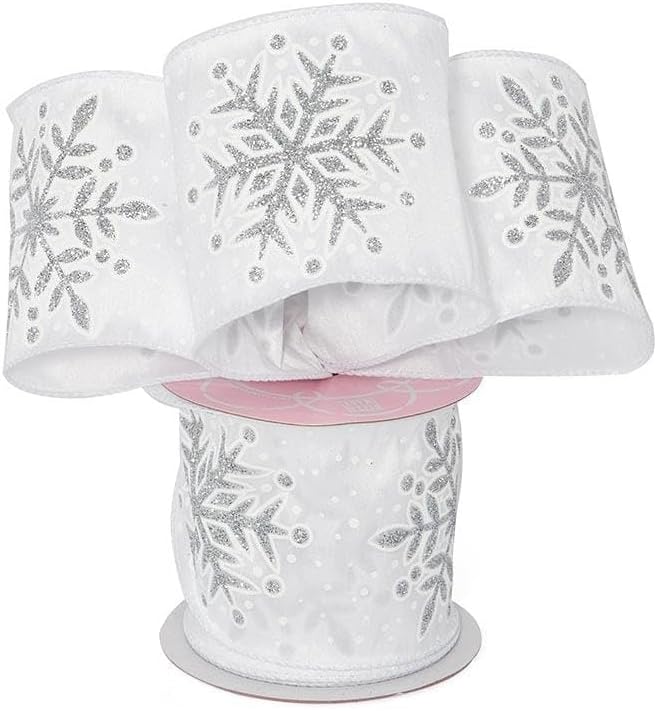 Paper Mart Elegant Christmas Snowflake Wired Ribbon, 4 Inches Extra Wide x 10 Yards White & Silver