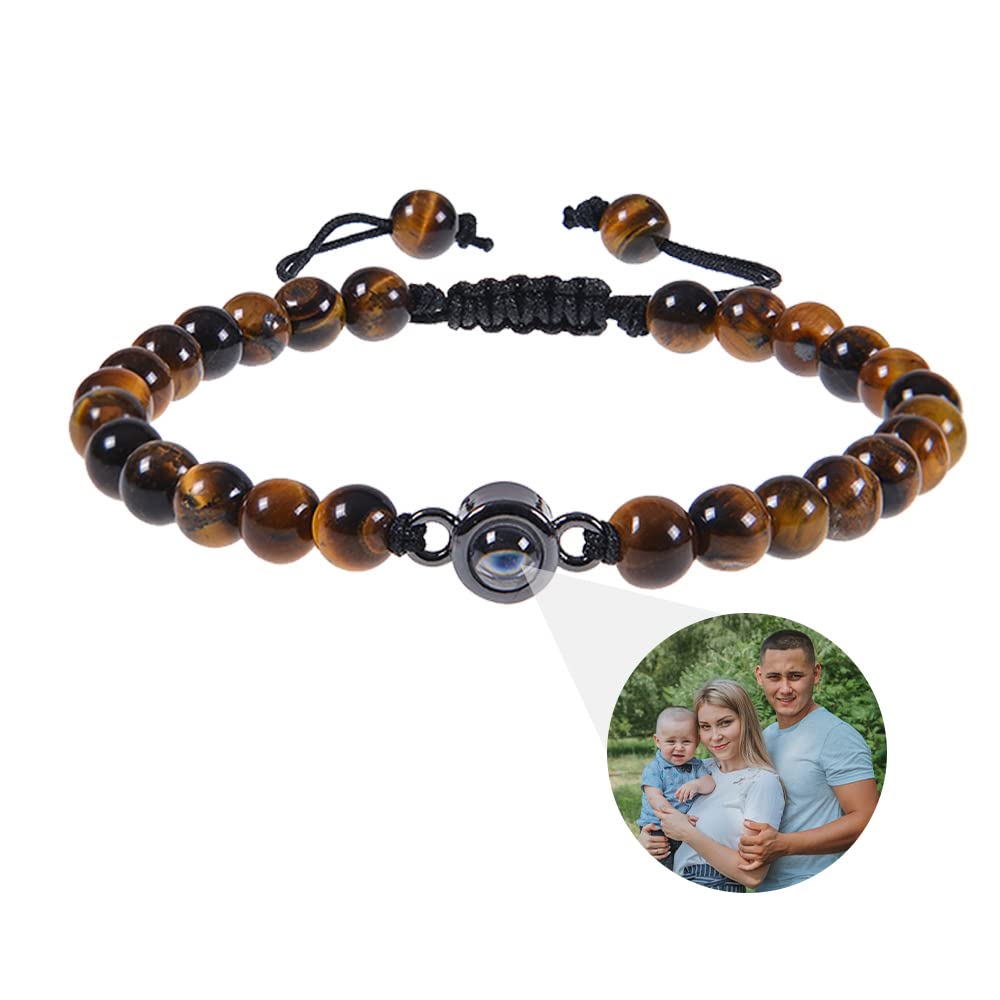 GlooracaPulseras de cuentas de ojo de tigre Pulseras personalizadas con foto para hombre Pulseras personalizadas con foto en el interior Regalos personalizados para papá Esposo Novio