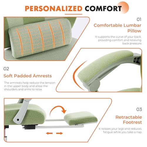 Image of Sweetcrispy Office Computer Desk Chair, Ergonomic High-Back Mesh Rolling Work Swivel Chairs with Wheels, Comfortable Lumbar Support, Comfy Arms for Home, Bedroom, Study, Student, Green
