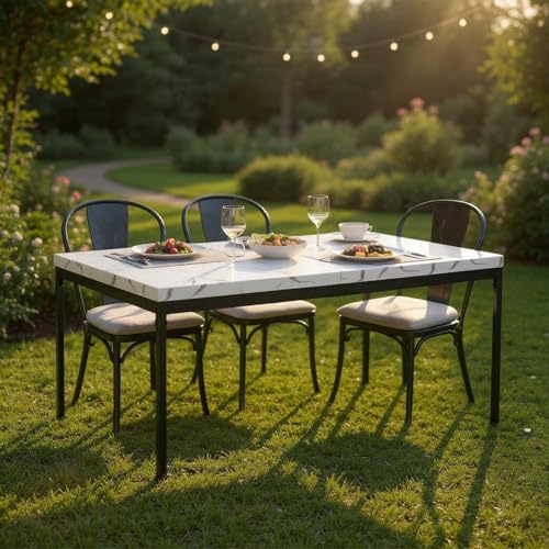 FurnitureR Tables à Service de Jardin en Imitation Marbre Blanc, pour 4 à 6 Personnes, Plateau en Bois Epais avec Structure Métallique, pour Terrasse, Patio, Salle à Manger, Garden, 150 x 75 x 75cm