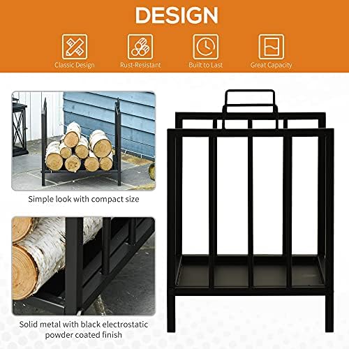 Outsunny Metal Firewood Log Holder Indoor Outdoor Firewood Rack Fireplace Wood Storage Shelf w/Handles, Rust-Resistant, Black, 42L x 32.5W x 46Hcm