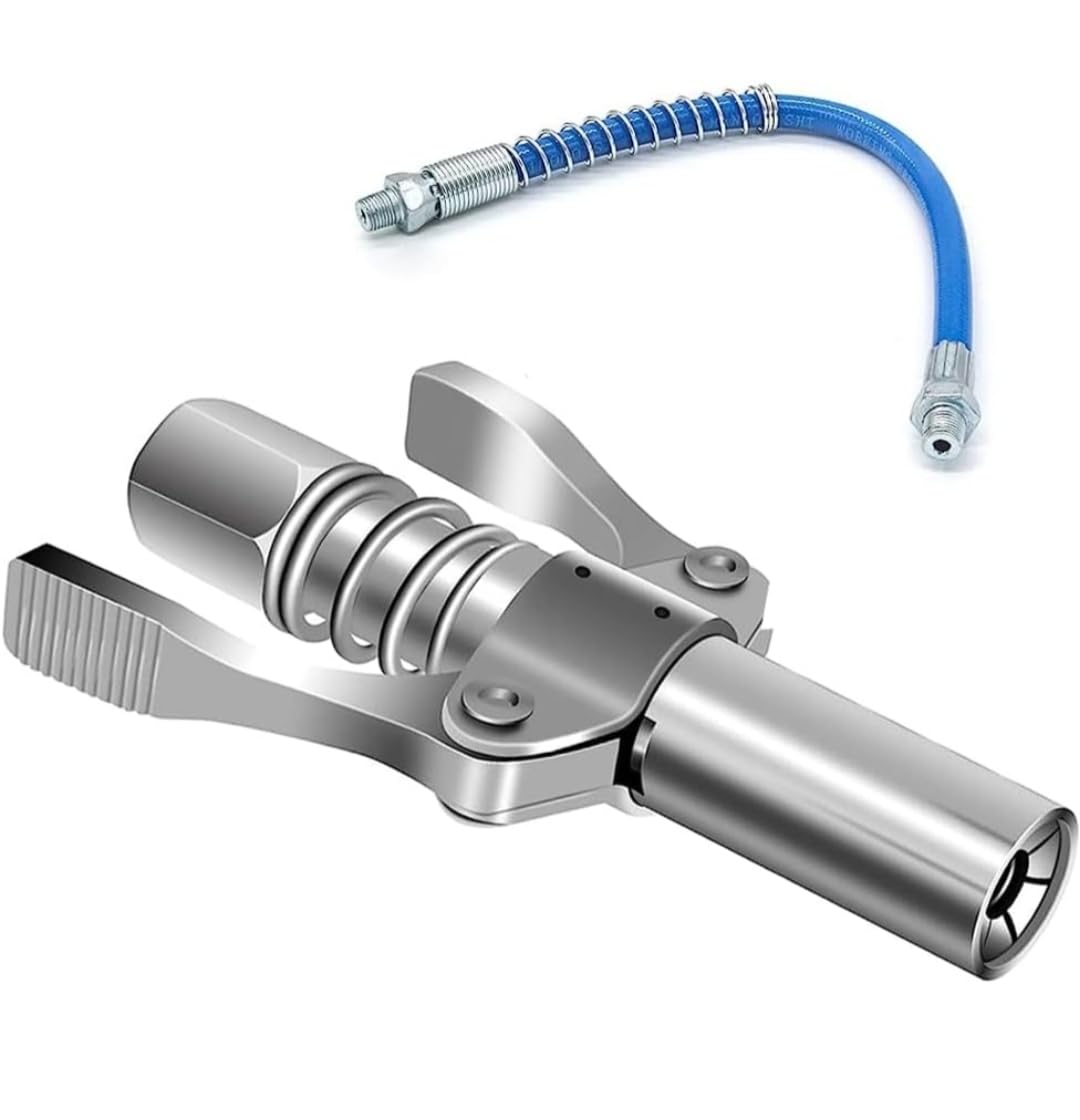 Omkumar Grease Gun Coupler Lock Nozzle with Flex Hose High Pressure Dual Handle for Manual Pneumatic Electric Grease Gun Coupler Quick Release Grease Nozzle 1/8" NPT 10000PSI