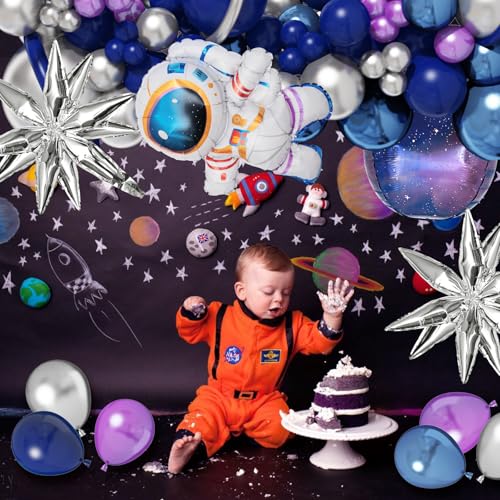Amandir139pcs Space Balloon Garland Arch Kit Outer Space Birthday Decorations with Blue Purple Silver Galaxy Astronaut Foil Balloons for Boys Themed Birthday Party Decoration Supplies