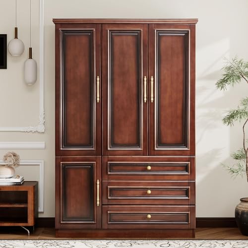 EITACHUL Solid Wood Armoire Wardrobe Closet, 3 Door Solid Wood Wardrobe Cabinet with 3 Drawers, Armoire Closet with Hanging Rods Storing Clothes for Bedroom (Cherry Red-9)