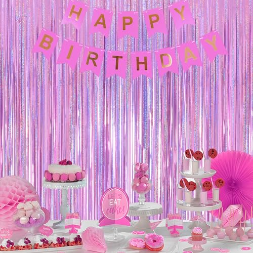 Image of Laser Pink Curtains Fringe Backdrop Streamers Party Decorations 2Pack 3.3 * 8.2FT Pink Birthday Decorations Tinsel Backdrop Curtains Photo Booth Props for Womens Girls Party Decorations