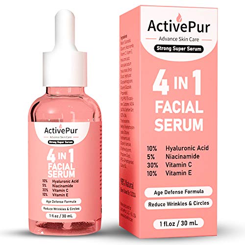 ActivePur, 4 IN 1 Super Serum, 30% Vitamin C Serum Anti-Aging Anti-Wrinkle Face Serum Skin Glowing Hydrating Dark Spot Remover for Face Skin Care Niacinamide Hyaluronic Acid Vitamin E (1 Oz/30 ML)