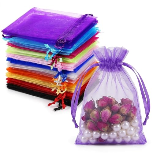 IUSOT 50 Stück Organzasäckchen 20x15cm Bunte Zugkordel-Geschenkbeutel Hochwertig Organza-Beutel für Hochzeit Weihnachten Schmuck