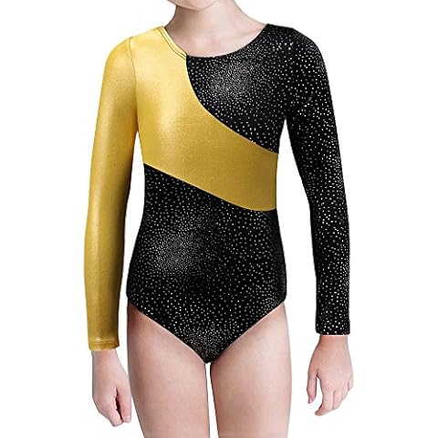Kidsparadisy One Piece Dance Leotard Long Sleeve Rainbow Stripe Ballet Tutu Gymnastic Outfit for 2-15Y Girls (Gold, 140(7-8T)) Cover