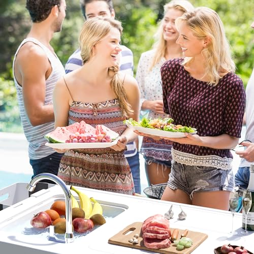LHBcraft Portable Fish Cleaning Table with Deep Sinks & Sprayer, Folding Camping Sink Table with Water Hose Hookup & Faucet, Ideal for Picnic and Fishing, White