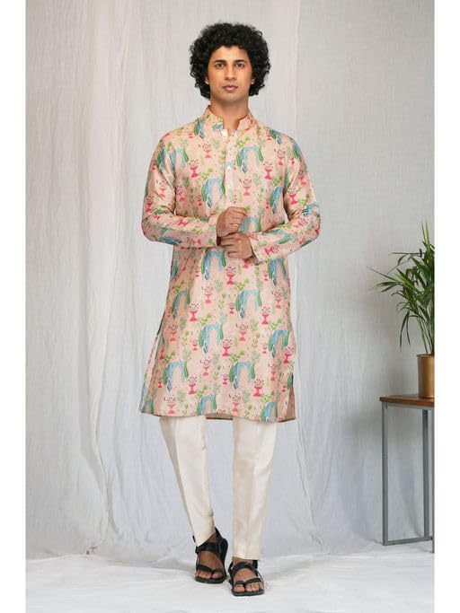 Image of LookMark Men's Cotton Blend Printed Long Kurta Suitable for All Indian Wedding, Occasions, and Festivals