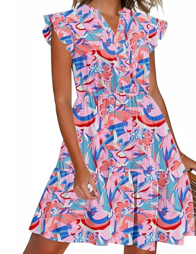 Image of HOTOUCH Women Printed Dress for Summer Short Ruffle Sleeve Dress Tiered Mini Dress with Pockets