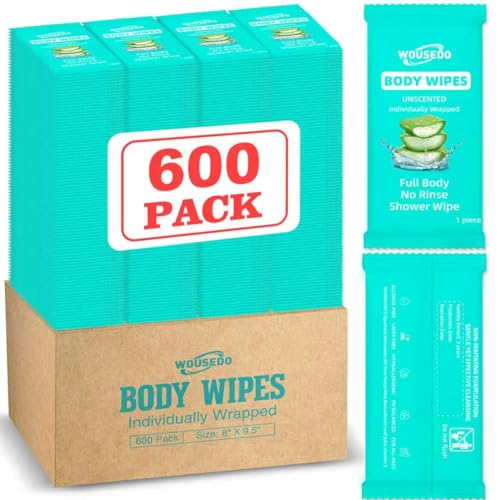 600 Pack Body Wipes Individually Wrapped(8 x 9.5) Shower Wipe for Adults Bathing No Rinse Personal Cleansing Wipes for Travel Gym Bulk Deodorant for Homeless