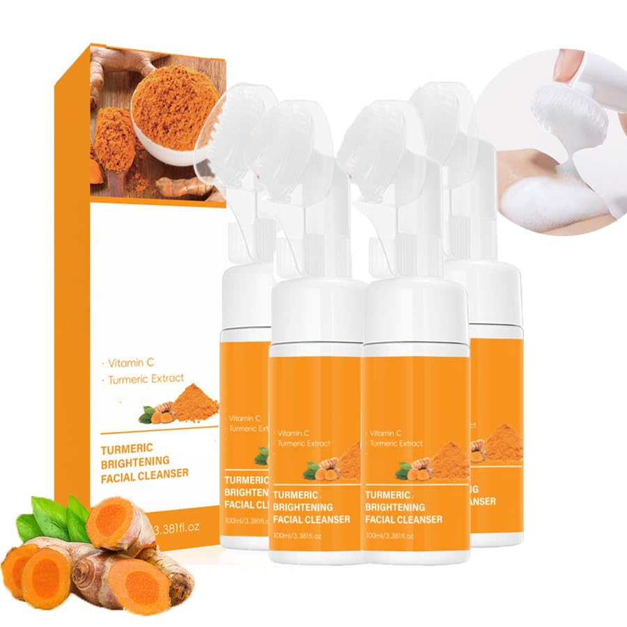 Detergente facial de cúrcuma, con cepillo de limpieza suave, limpiador facial espumoso para todo tipo de pieles, fórmula exfoliante de limpieza profunda, enriquecido con aceite de coco (4 unidades)