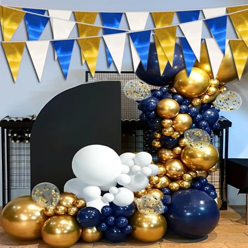 Image of 130FT Navy-Blue White Gold Triangle Pennant Banner Flag Metallic Fabric Bunting Garland for Christmas Graduation Retirement Birthday Wedding Bridal Shower Nautical Ahoy Achor Party Decorations Supply