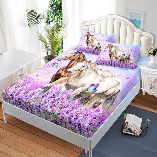 HOSIMA Farm Animal Bedding Set Horse Fitted Sheet,Butterfly Lilac Floral