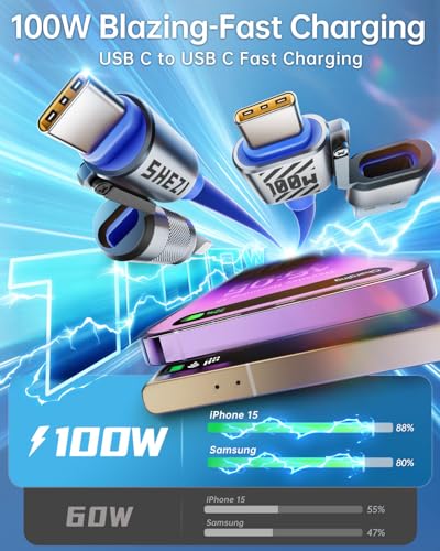 Image of 4 in 1 USB C Cable Lightning Cable,100W Fast Charging & Data Transfer,iPhone iPad Charger Cord with Lightning /Type C /USB A for iPhone 16 /15 /Macbook,IPad,5FT Blue [SHEZI Series]