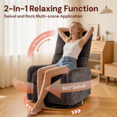 Image of Korser 360 Rocking Chair, Nursery Rocker Chair with Side Pockets, Glider Nursing Chair with Steel Structure Base, Small Chair for Small Spaces, Chenille Swivel Accent Chairs for Living Room, Nursing