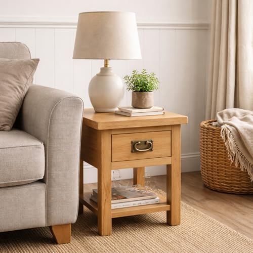 Home Furniture Group Ltd Oakcroft Lamp Table – Rustic Side Table with Storage Drawer – Fully Assembled