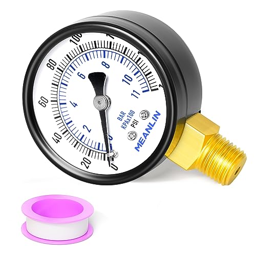 Image of MEANLIN MEASURE 0-160Psi Well Pump Pressure Gauge 1 /4 inch NPT 2 inch FACE DIAL for Air Compressor RV Regulator Water Pressure Tester Lower Mount, with Teflon Tape