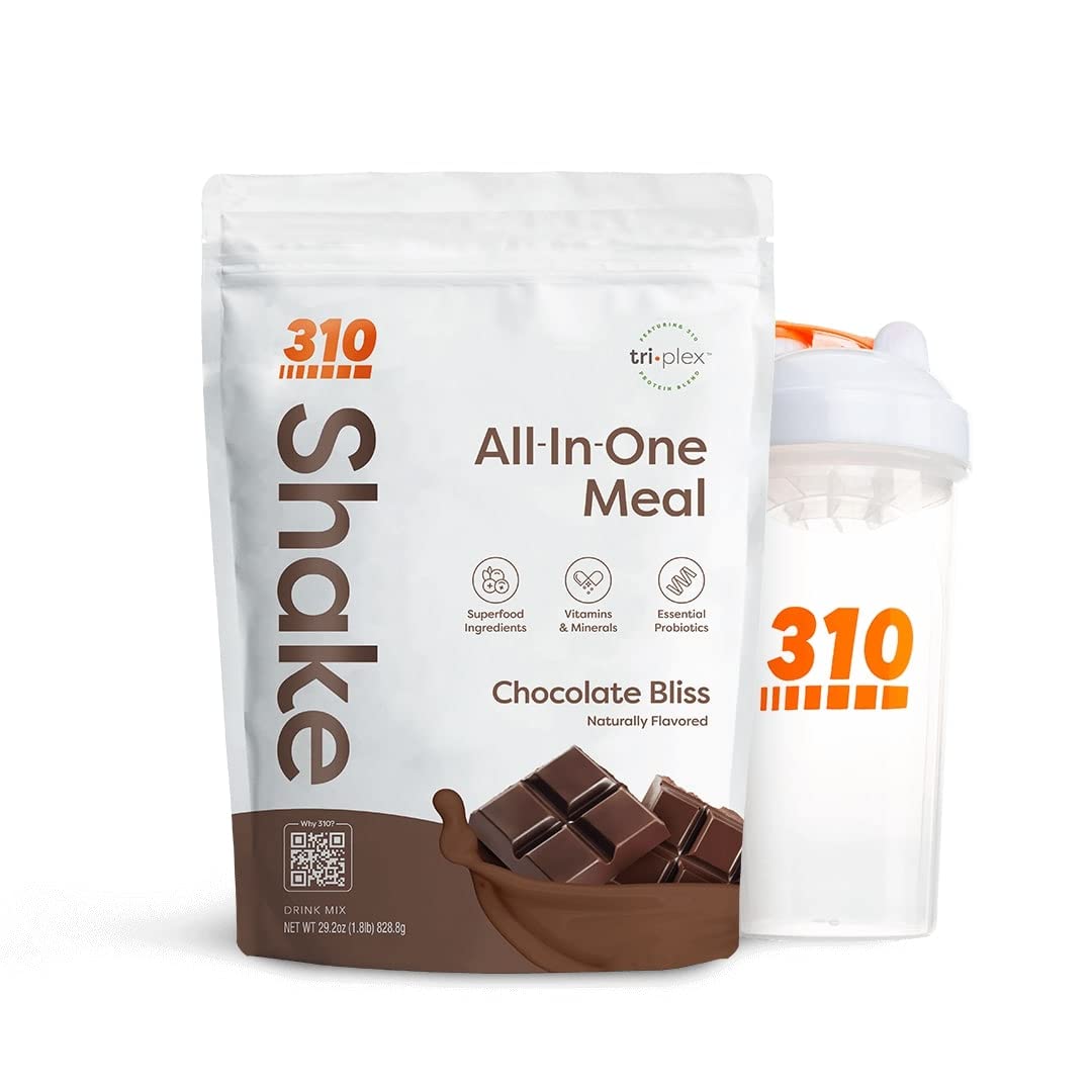 310 Nutrition – Batido sustitutivo de comida todo en uno con vaso mezclador - Nueva fórmula con una mezcla vegana de superalimentos rica en fibra - 26 vitaminas y minerales esenciales - Chocolate Bliss - 28 porciones