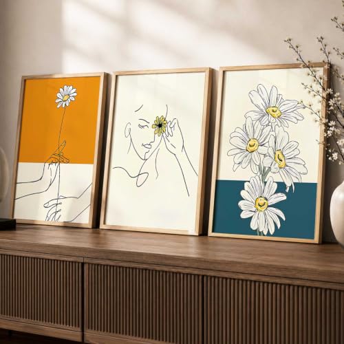 Image of kotart Aesthetic Line Art Home Decoration | Floral Paintings With Frame For Living Room Bed Room Hotel Wall Decor Digital Reprint Set of 3 (20x30 Inch)