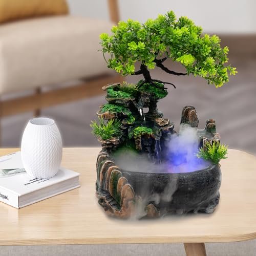 Tabletop Fountain Atomizing Desktop Humidifier, Led Atomizing Humidifier Fountain Decor with Rockery and Bonsai,Desktop Fountain Waterfall Desk Decoration for Living Room, Bedroom, Study, Office