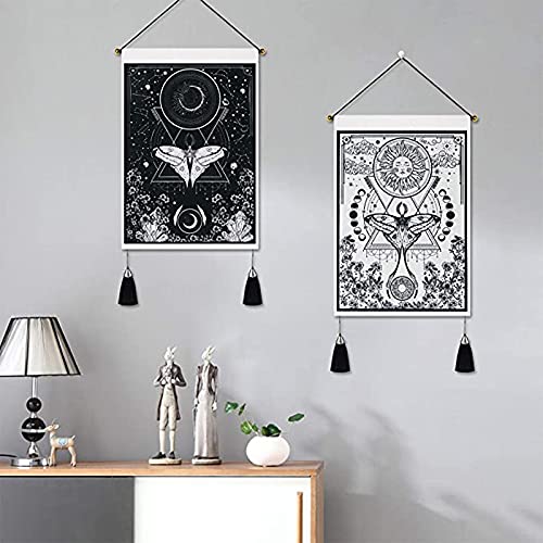 Umootek 2Pcs Moth Short Pattern Tapestry Wall Hanging Poster Hanger Wooden Frame for Living Room Bedroom Wall Decor Aesthetic Art Painted Without Fading Hanging Picture,Black & White(14x20 in)