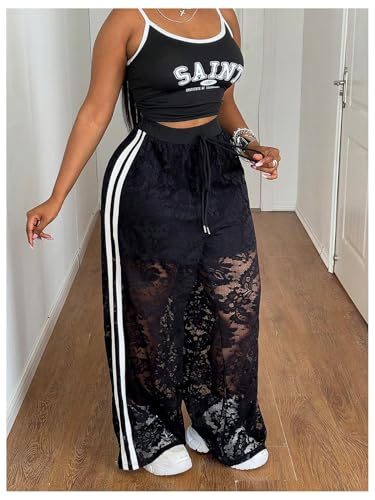 Women's Y2k Plus Size Lace Baggy Pants Side Striped Sheer Mesh Elastic Waist Wide Leg Track Pants3
