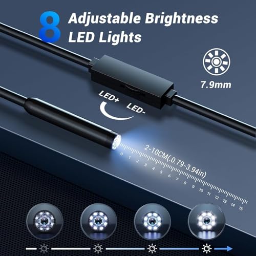 Image of 1920P HD Endoscopic Camera, Borescope with 8 Adjustable LED Lights, Inspection Camera with 5M Semi-Rigid Cable, IP67 Waterproof Endoscope for iPhone, iPad and Android Phones