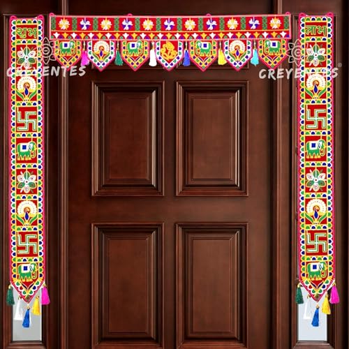 Image of CREYENTES Traditional Handmade Toran With Shubh Labh Todala, Toran For Door, Thoranam, Door Decor, Door Hanging For Main Gate Entrance, Festival, Diwali, Temple, Embroidery Work.