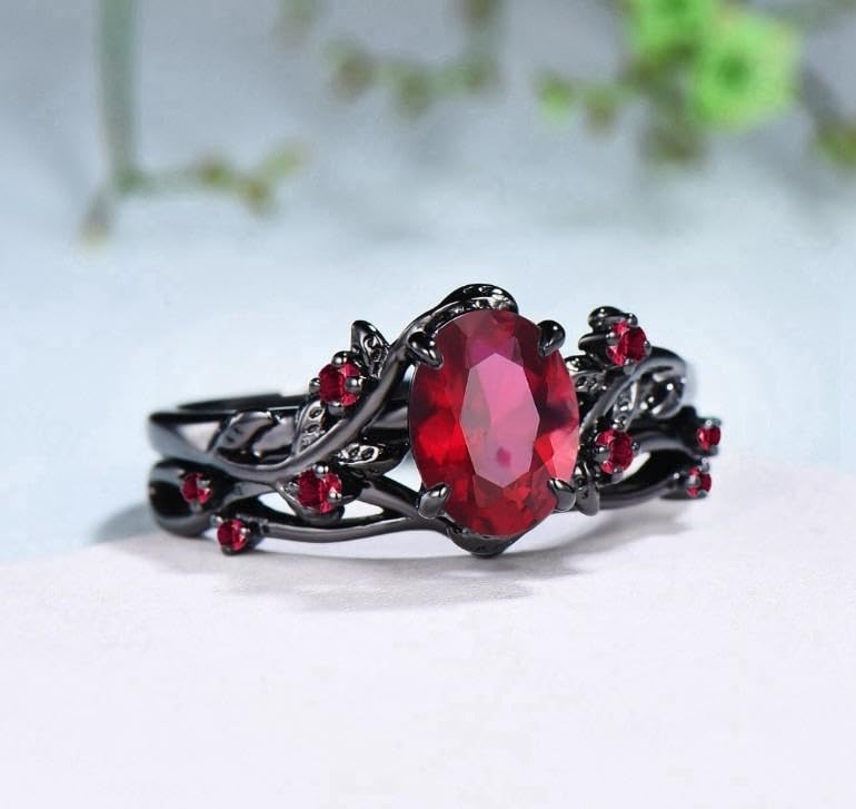 Nature Inspired Leaf red garnet wedding ring set unique twig oval cut emerald engagement ring Art deco black gold Branch anniversary ring3