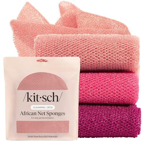Kitsch African Net Sponge 3pcs Exfoliating Body Scrubber for Cleansing & Gentle Daily Exfoliation Stretchable Bath Sponge for Hard-to-Reach Areas Long-Lasting Shower Essential - Berry Pink