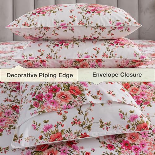 Image of Shabby Floral Chic Bed Sheets Queen Size 100% Cotton 4Pcs Set, Vintage Pink Red Flower Patterned Deep Pocket Fitted Sheet Set, Soft Percale White Boho Bedsheets, Cute Garden Bedding