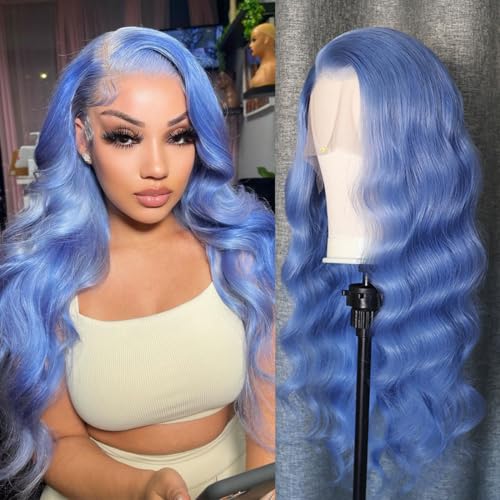 Image of Light Blue Body Wave Lace Front Wig Human Hair 180% Density Colored Human Hair Wigs For Women HD 13x4 Lace Frontal Wig Virgin Brazilian Hair 18 Inch