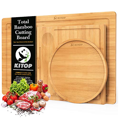 Bamboo Multi-Functional Cutting Board Set of 3 - Wood Serving Tray and Fruits Plate with Juice Groove for Cutting Vegetables, Meat, Fruits and Cheese | 100% Bamboo Butcher Block, BPA Free