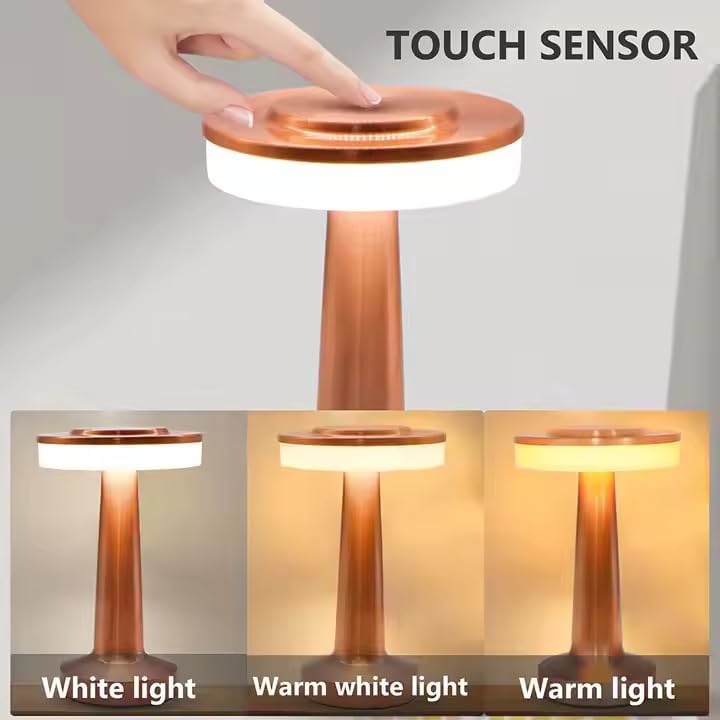 Image of One94Store Rechargeable LED Table Lamp with Touch Control, 3-Level Brightness, Retro Rose Gold Metal Design, Perfect for Bedside, Nursery, Home & Cafe Decor