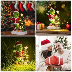 Solar Garden Outdoor Statues Green Monster with Christmas Tree and 6 LED Lights Christmas Lawn Deco Statue for Patio Balcony Yard Ornament Unique Christmas Housewarming Gifts