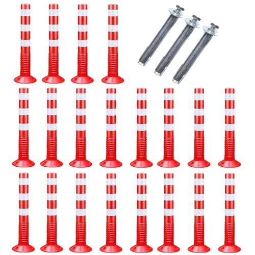WDJBPSH 20 Pack Traffic Delineator Posts Set, 29.5in Tall Plastic Driveway Security Bollards for Streets Road Residential Garage, Reflective at Night(Color:Red)