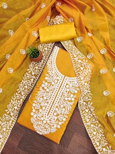 Image of Y2Y Women's Heavy Cotton Embroidery Work Unstitched Salwar Suit Dress Material With Chanderi Work Dupatta (Free Size Multi Color)