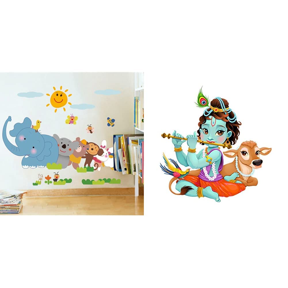Decals Design 'Jungle Cartoon Cute Animals' Wall Sticker (PVC Vinyl, 60 cm x 90 cm, Multicolour) & 'Lord Krishna with Flute Cute' Wall Sticker (PVC Vinyl, 50 cm x 70 cm, Multicolour)